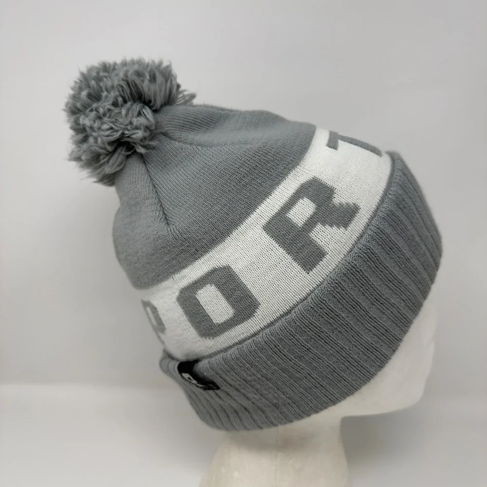 Portland Gear‎ Block Lettering Portland Spell Out Pom Pom Beanie Hat Gray White